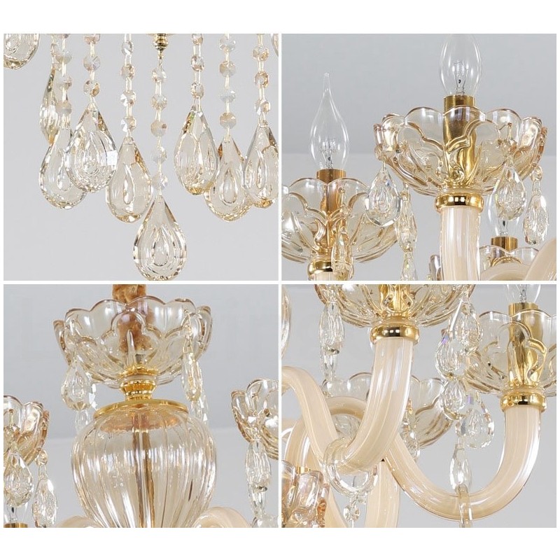 Lámpara de araña de cristal color champán de 6 luces