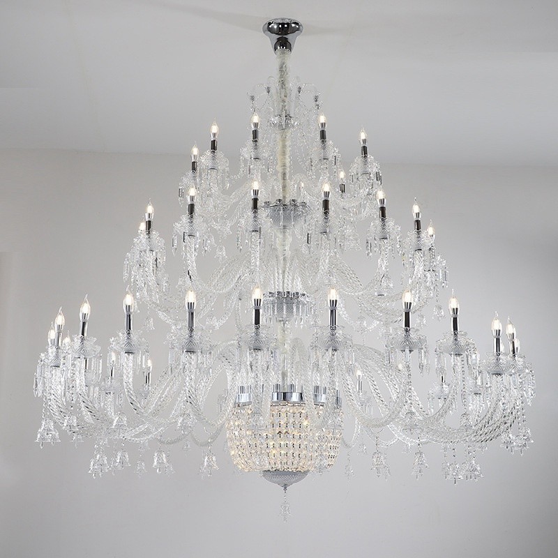 Candelabro de cristal de 50 luces transparente, elegante y lujoso, para sala de exposiciones