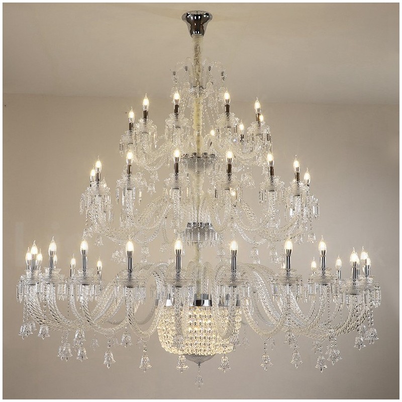 Candelabro de cristal de 50 luces transparente, elegante y lujoso, para sala de exposiciones