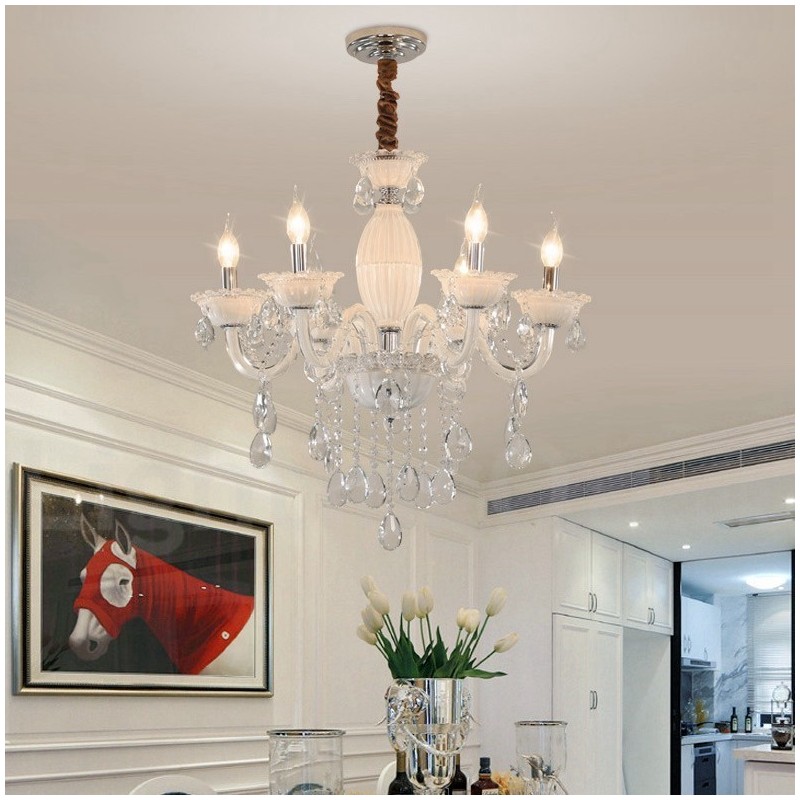 Lámpara de araña blanca de 6 luces con cristal