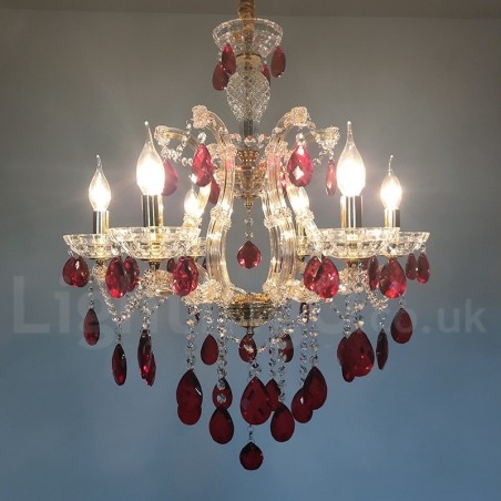 Lámpara de araña dorada de 6 luces con cristal rojo Lámpara de araña dorada de 6 luces con cristal rojo