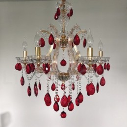 Lámpara de araña dorada de 6 luces con cristal rojo