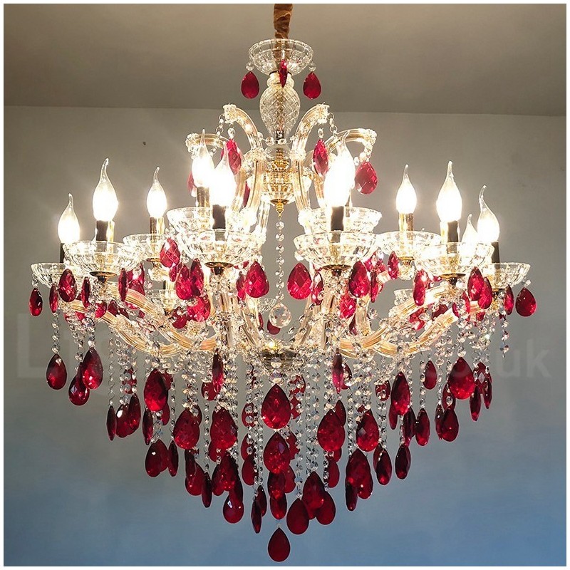 Candelabro dorado de lujo con 18 (12+6) luces de cristal rojo