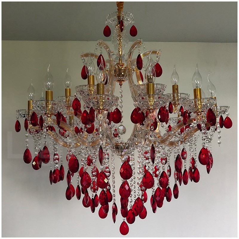 Candelabro dorado de lujo con 18 (12+6) luces de cristal rojo