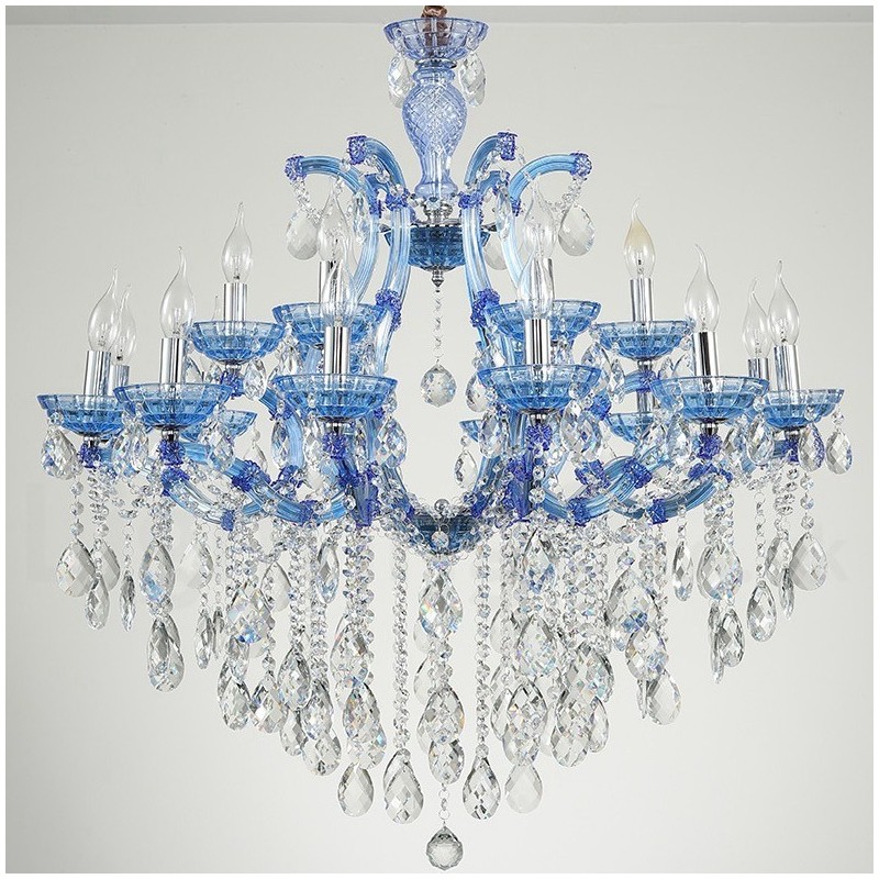 Candelabro de cristal de lujo con 18 (12+6) luces en varios colores y cristal transparente