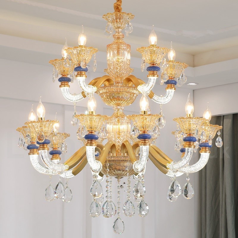 Lámpara de araña contemporánea moderna de 15 (10+5) luces con velas color champán y cristal