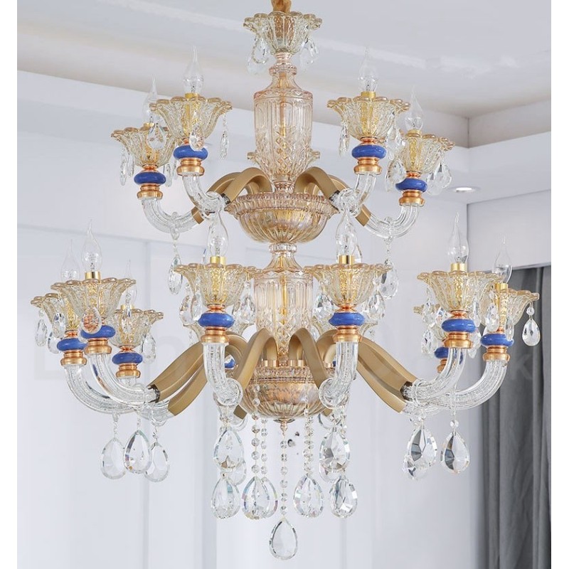 Lámpara de araña contemporánea moderna de 15 (10+5) luces con velas color champán y cristal