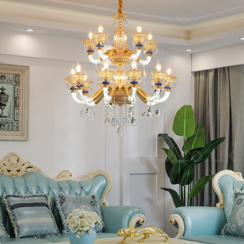 Lámpara de araña contemporánea moderna de 15 (10+5) luces con velas color champán y cristal