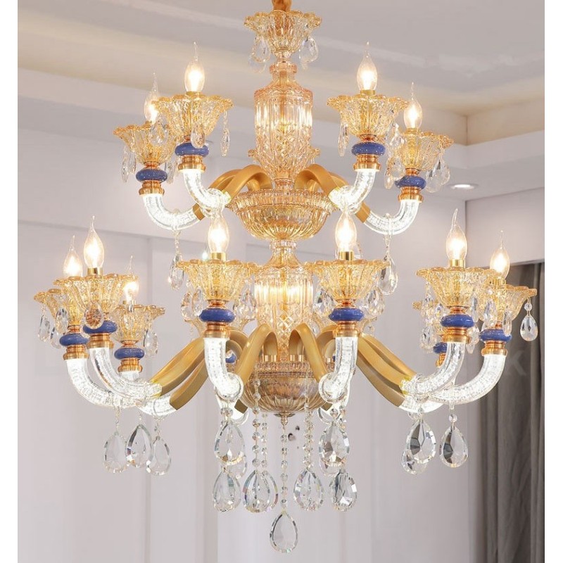 Lámpara de araña contemporánea moderna de 15 (10+5) luces con velas color champán y cristal