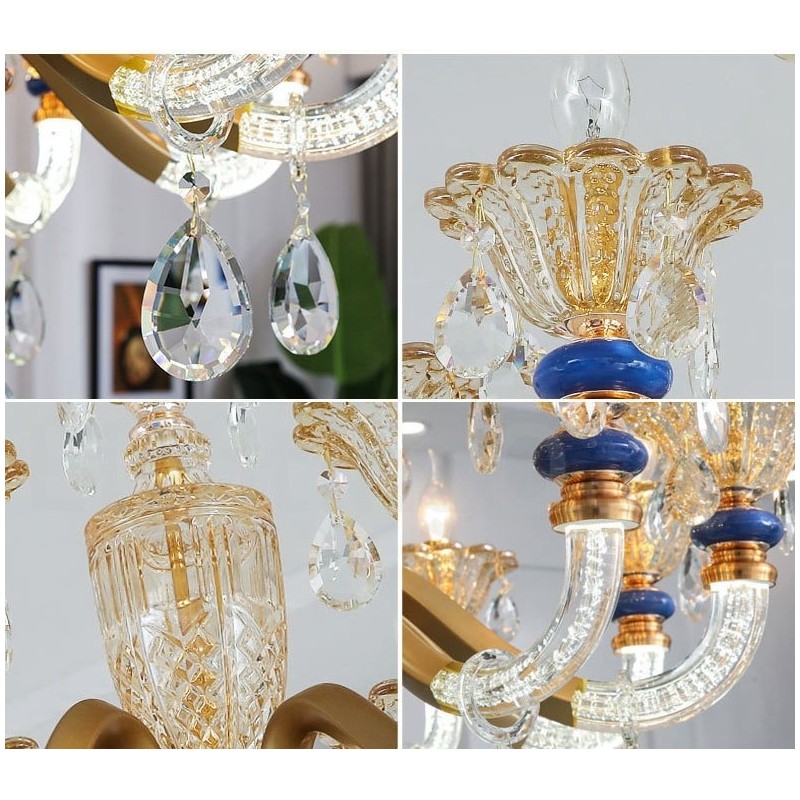 Lámpara de araña contemporánea moderna de 15 (10+5) luces con velas color champán y cristal