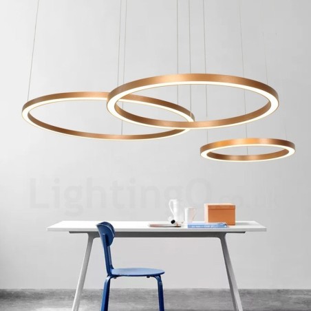 Lámpara colgante moderna contemporánea de aleación de aluminio con 3 anillos, regulable, inteligente, Wi-Fi, color oro rosa y pantalla acrílica. Lámpara colgante moderna contemporánea de aleación de aluminio con 3 anillos, regulable, inteligente, Wi-Fi, color oro rosa y pantalla acrílica.