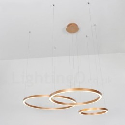 Lámpara colgante moderna contemporánea de aleación de aluminio con 3 anillos, regulable, inteligente, Wi-Fi, color oro rosa y pantalla acrílica.