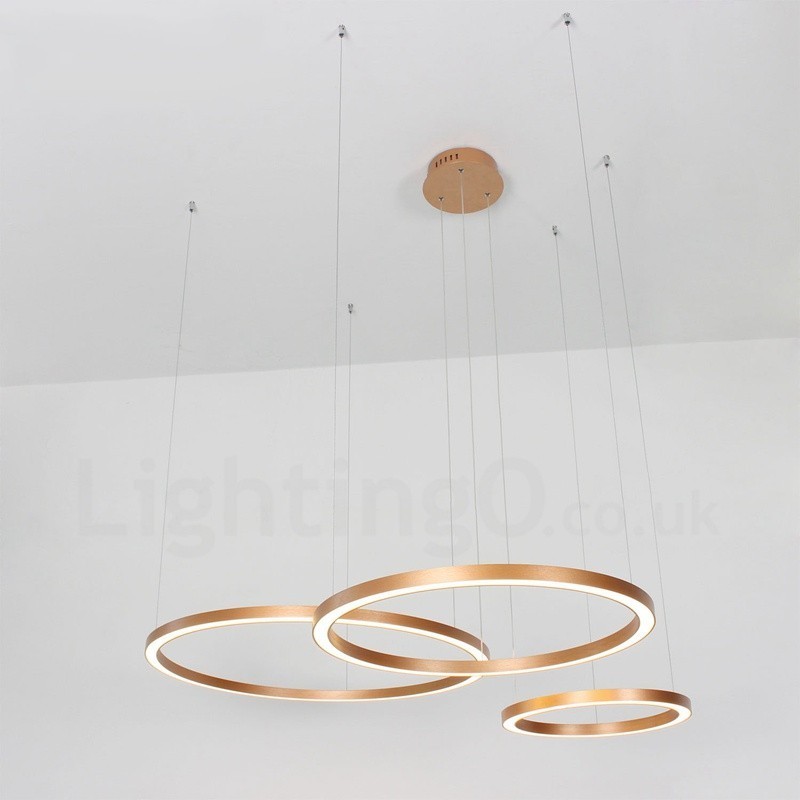 Lámpara colgante moderna contemporánea de aleación de aluminio con 3 anillos, regulable, inteligente, Wi-Fi, color oro rosa y pantalla acrílica.