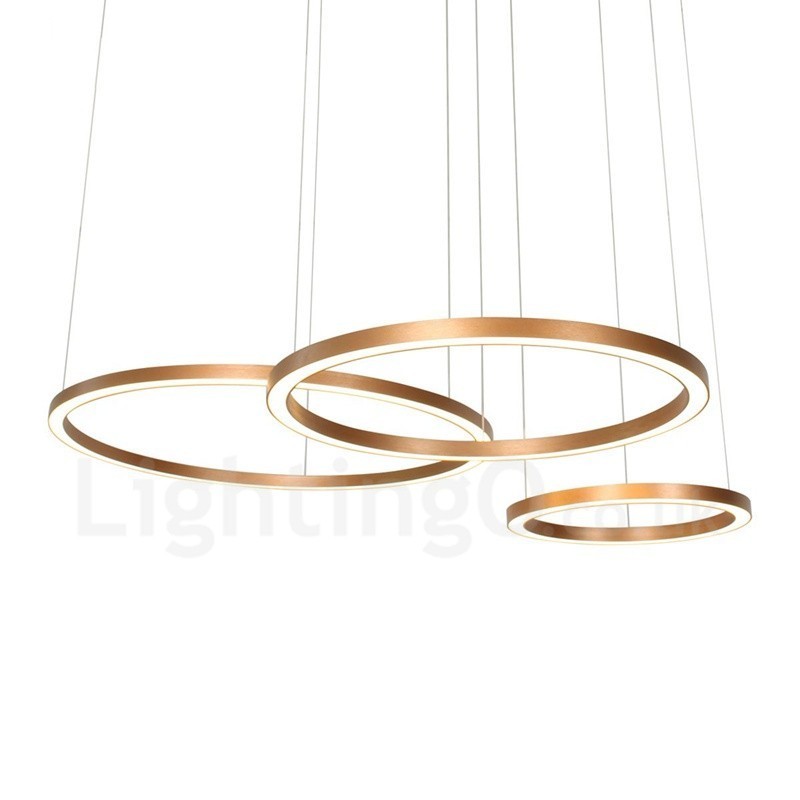 Lámpara colgante moderna contemporánea de aleación de aluminio con 3 anillos, regulable, inteligente, Wi-Fi, color oro rosa y pantalla acrílica.