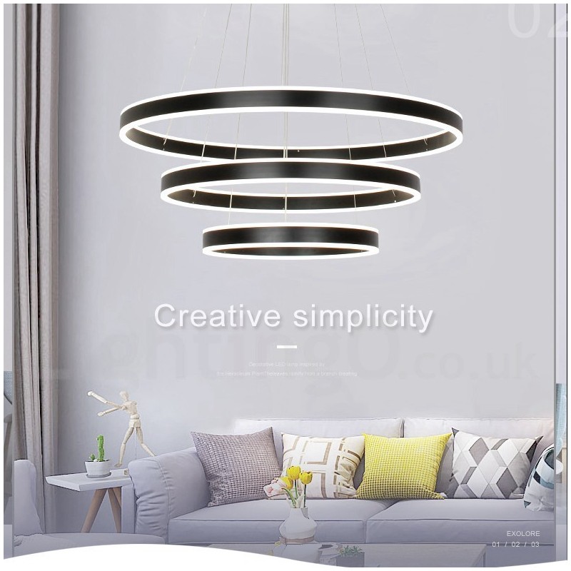 Lámpara colgante moderna y contemporánea con pantalla acrílica, 3 anillos, dos tiras y Wi-Fi inteligente regulable