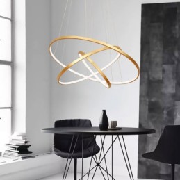 Lámpara colgante regulable con control remoto, diseño moderno dorado, tres anillos.