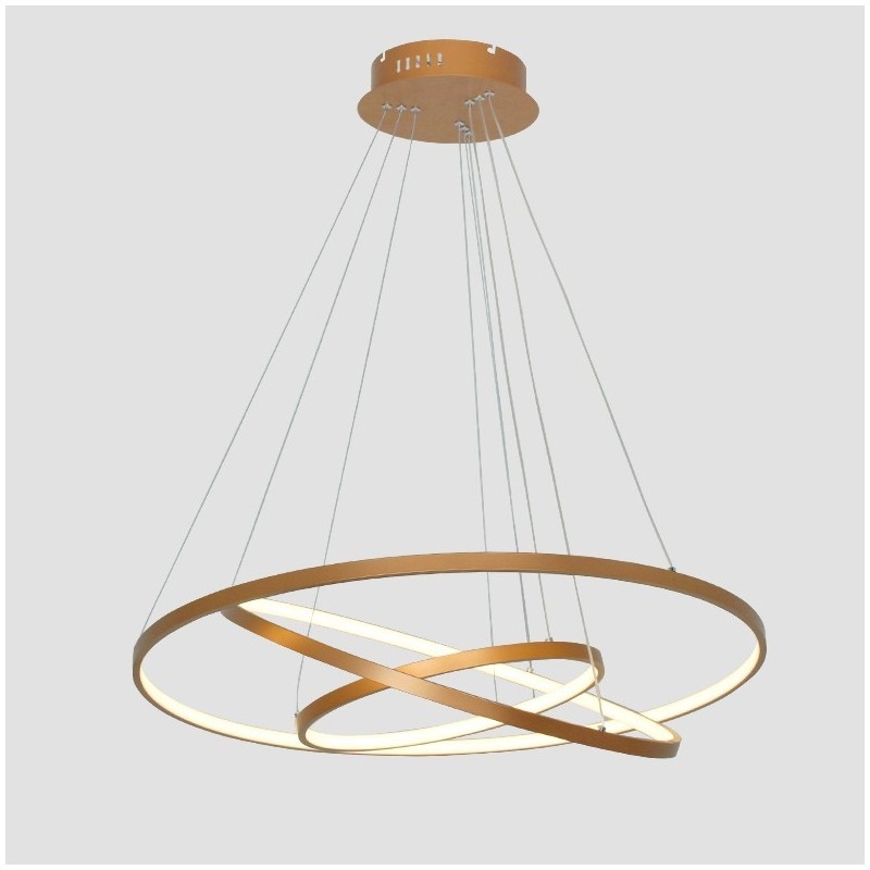 Lámpara colgante regulable con control remoto, diseño moderno dorado, tres anillos.