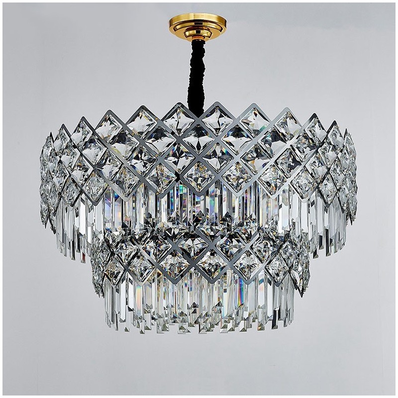 Lámpara colgante de cristal K9 redondo, de lujo, posmoderna, de dos niveles, en negro y dorado