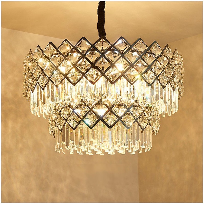 Lámpara colgante de cristal K9 redondo, de lujo, posmoderna, de dos niveles, en negro y dorado