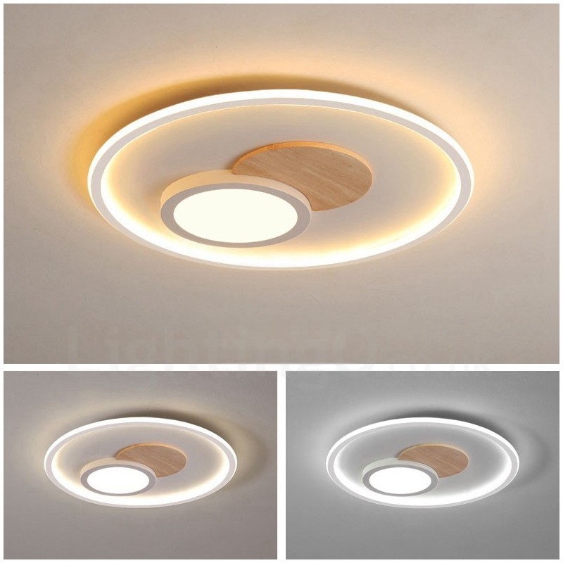 Lámpara de techo redonda empotrada de estilo nórdico moderno y contemporáneo, regulable en madera, con control remoto. También se puede usar como luz de pared.