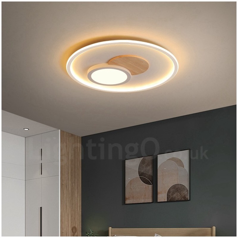 Lámpara de techo redonda empotrada de estilo nórdico moderno y contemporáneo, regulable en madera, con control remoto. También se puede usar como luz de pared.