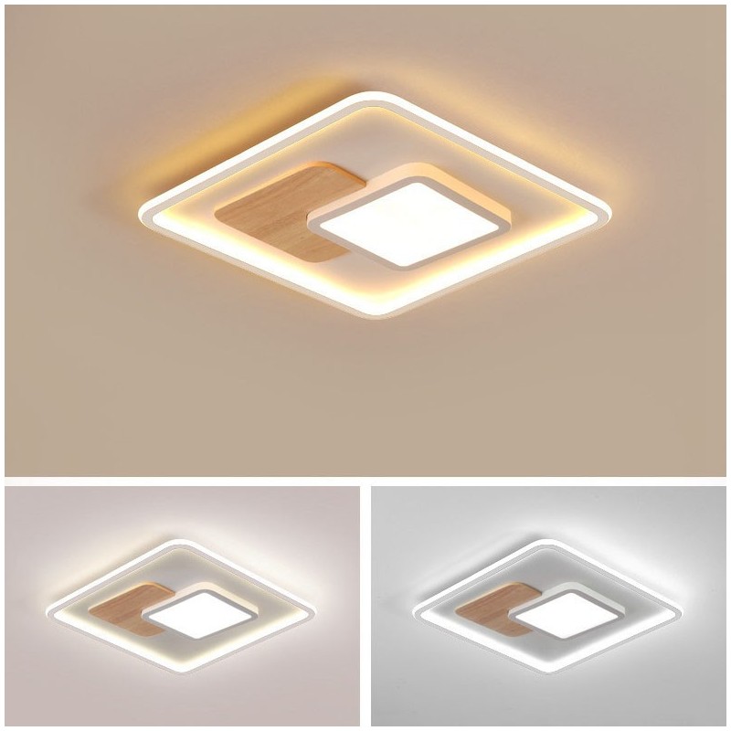 Lámpara de techo empotrada cuadrada de estilo nórdico moderno y contemporáneo, regulable en madera, con control remoto. También se puede usar como luz de pared.