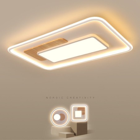 Lámpara de techo rectangular de estilo nórdico contemporáneo, moderna y regulable, de madera, con mando a distancia. También se puede utilizar como luz de pared. Lámpara de techo rectangular de estilo nórdico contemporáneo, moderna y regulable, de madera, con mando a distancia. También se puede utilizar como luz de pared.