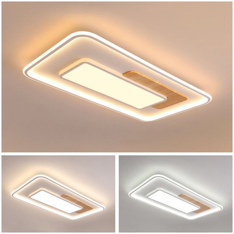 Lámpara de techo rectangular de estilo nórdico contemporáneo, moderna y regulable, de madera, con mando a distancia. También se puede utilizar como luz de pared.