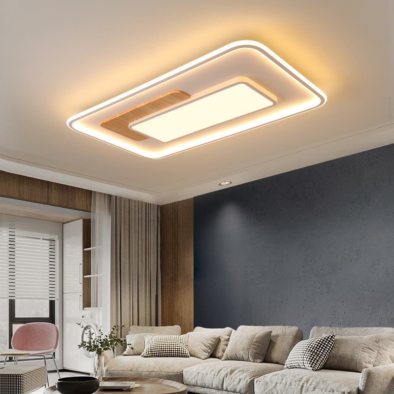 Lámpara de techo rectangular de estilo nórdico contemporáneo, moderna y regulable, de madera, con mando a distancia. También se puede utilizar como luz de pared.