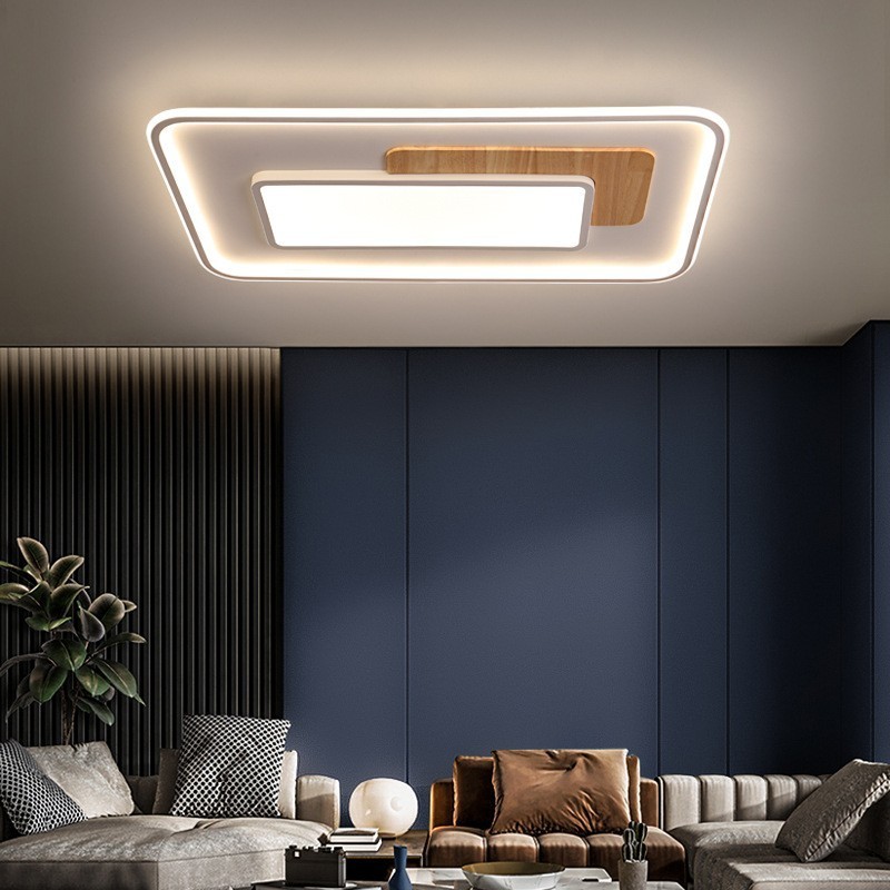 Lámpara de techo rectangular de estilo nórdico contemporáneo, moderna y regulable, de madera, con mando a distancia. También se puede utilizar como luz de pared.
