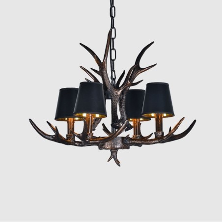 Lámpara de araña antigua de 4 luces, estilo rústico, artístico, retro, con astas y pantallas en negro Lámpara de araña antigua de 4 luces, estilo rústico, artístico, retro, con astas y pantallas en negro