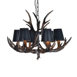 Lámpara de araña antigua de 6 luces, estilo rústico, artístico, retro, con astas y pantallas en negro