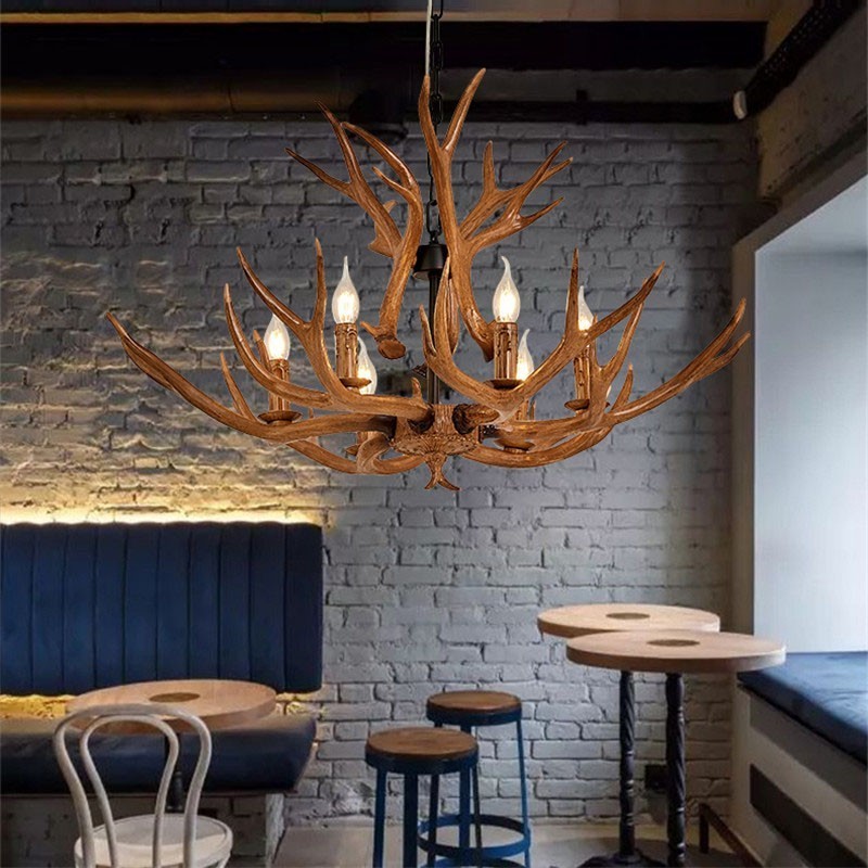 Lámpara de araña antigua de astas, estilo rústico, artístico, retro, de 6 luces
