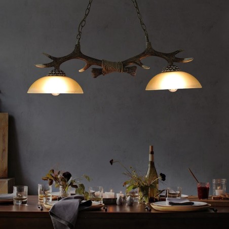 Lámpara colgante antigua de 2 luces, estilo rústico, artístico, retro, con forma de asta y pantalla de cristal. Lámpara colgante antigua de 2 luces, estilo rústico, artístico, retro, con forma de asta y pantalla de cristal.