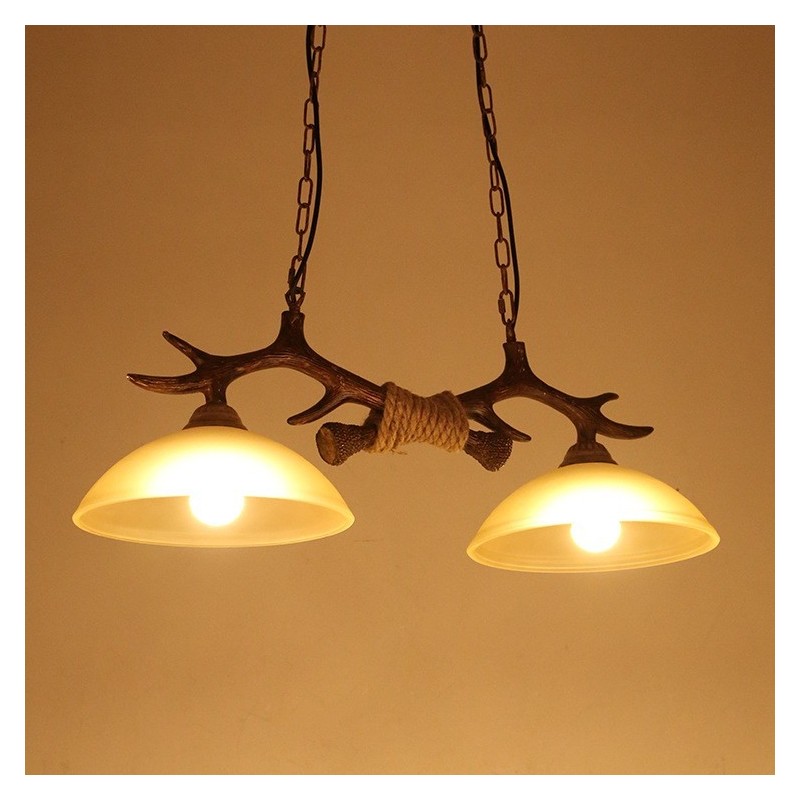 Lámpara colgante antigua de 2 luces, estilo rústico, artístico, retro, con forma de asta y pantalla de cristal.