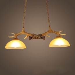 Lámpara colgante antigua de asta, estilo rústico, artístico, retro, marrón claro, con pantalla de cristal.