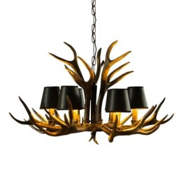 Lámpara de araña antigua de 6 luces, estilo rústico, artístico, retro, con astas y pantallas en negro