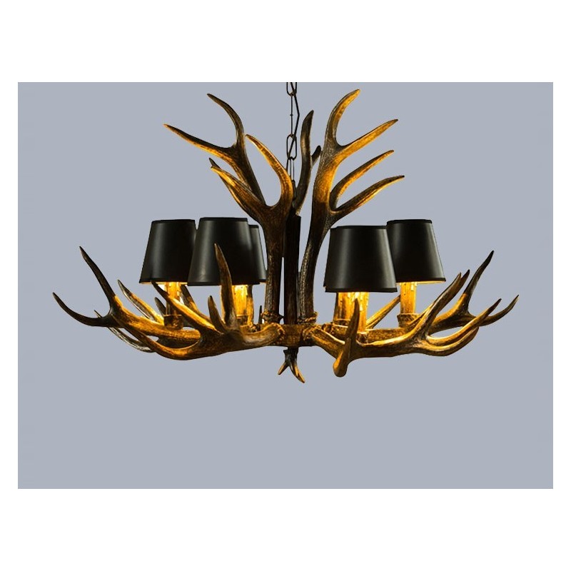 Lámpara de araña antigua de 6 luces, estilo rústico, artístico, retro, con astas y pantallas en negro