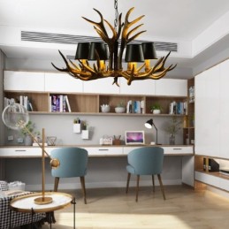Lámpara de araña antigua de 6 luces, estilo rústico, artístico, retro, con astas y pantallas en negro