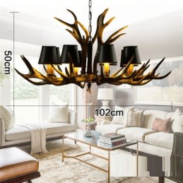 Lámpara de araña antigua de 8 luces, estilo rústico, artístico, retro, con astas y pantallas en negro