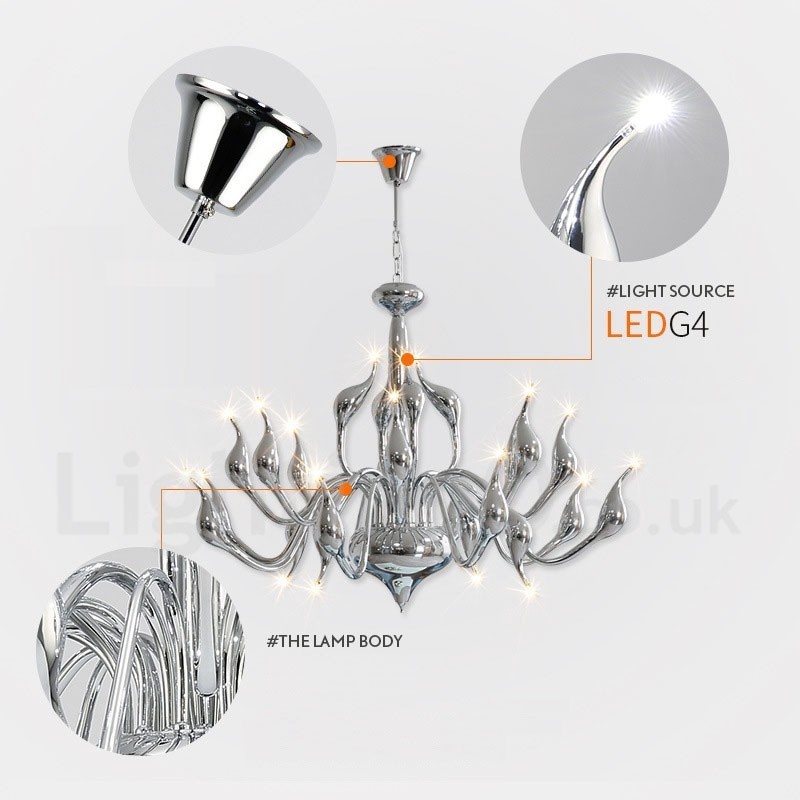 Lámpara de araña de cisne posmoderna de 18 luces de acero inoxidable con acabado cromado G4