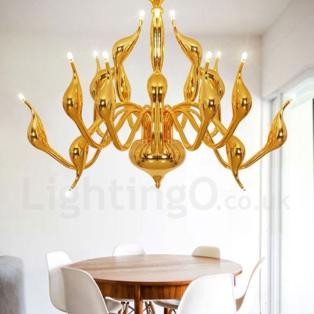 Lámpara de araña de cisne posmoderna de 18 luces de acero inoxidable G4 con acabado dorado Lámpara de araña de cisne posmoderna de 18 luces de acero inoxidable G4 con acabado dorado