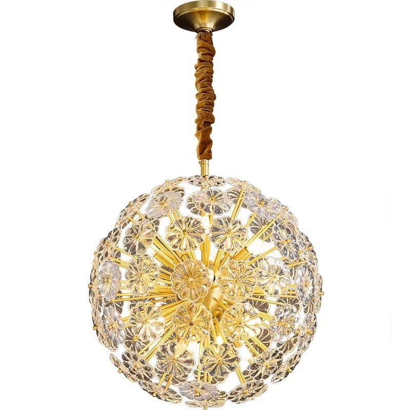 Lámpara colgante nórdica esférica de cristal de diente de león de latón