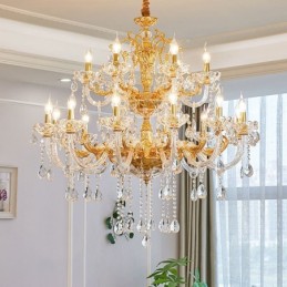 Lámpara de araña de cristal de lujo de dos niveles y 18 luces en color dorado