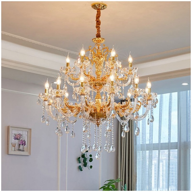 Lámpara de araña de cristal de lujo de dos niveles y 18 luces en color dorado