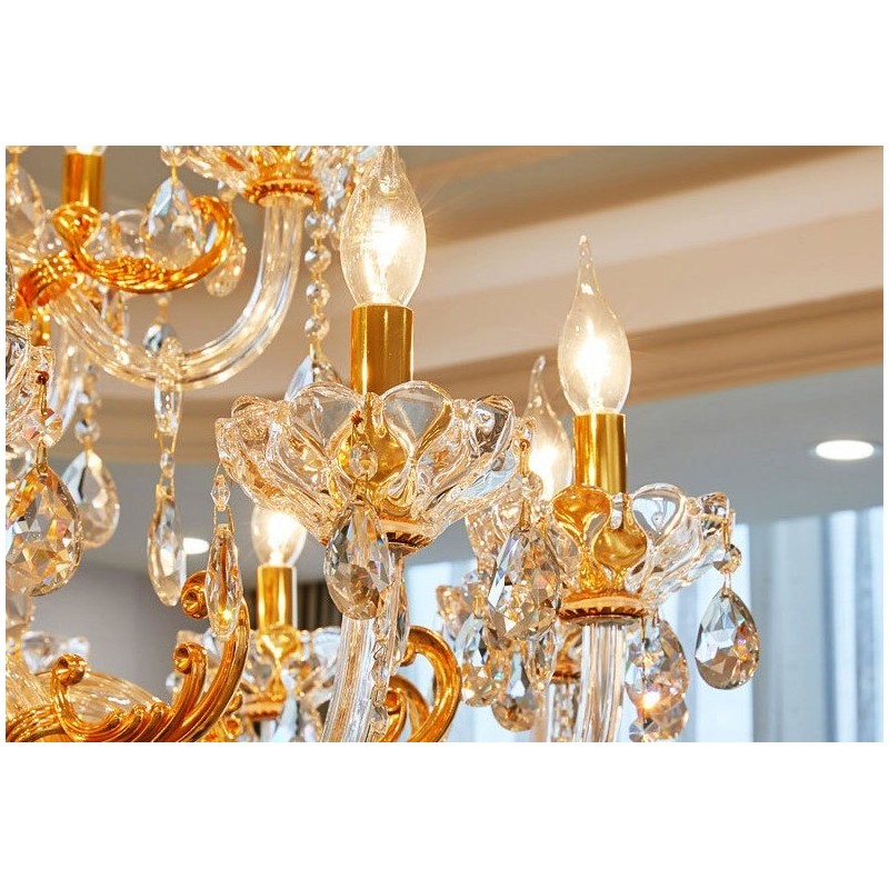 Lámpara de araña de cristal de lujo de dos niveles y 18 luces en color dorado