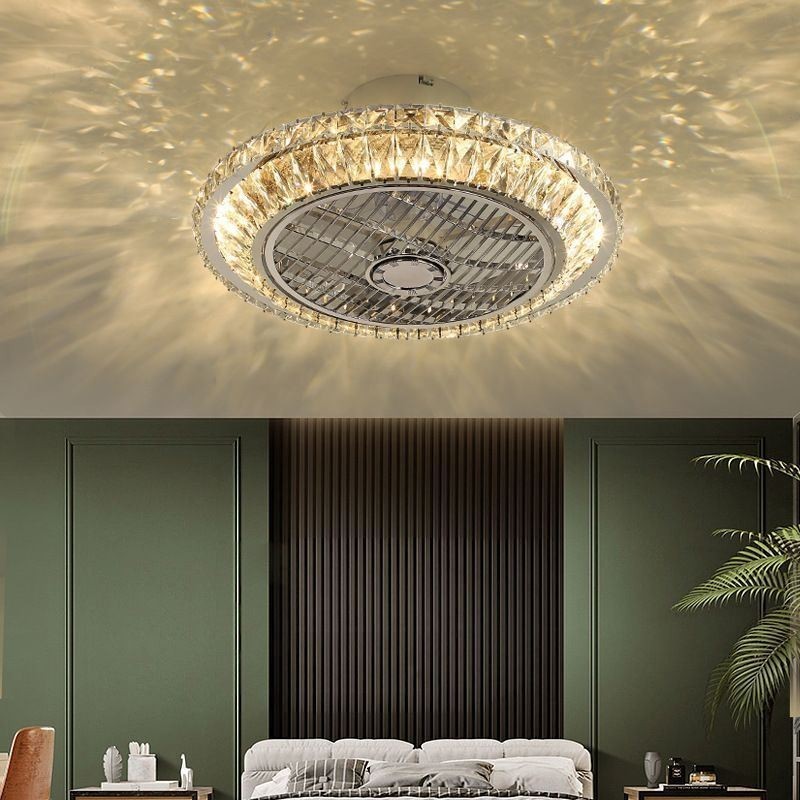 Lámpara de techo redonda dorada con luz de ventilador de cristal