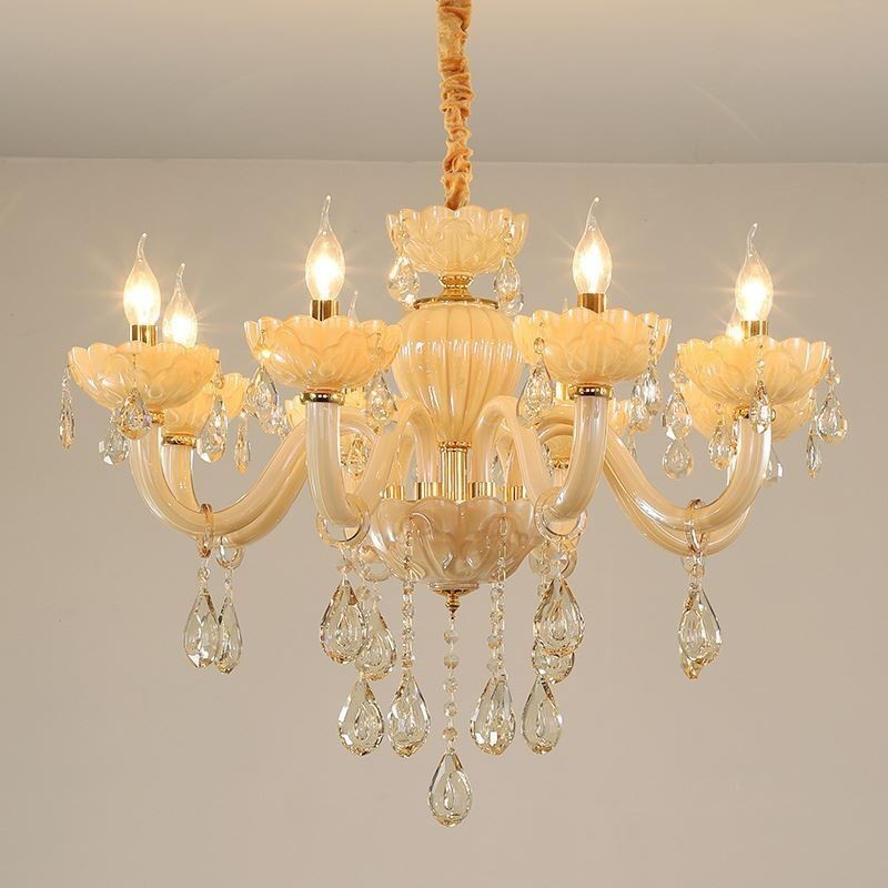 Lámpara de techo de cristal llamativa, color coñac europeo, cuerpo de vidrio, 8 luces