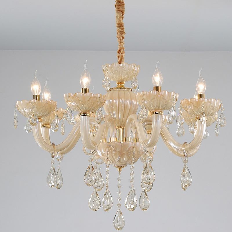 Lámpara de techo de cristal llamativa, color coñac europeo, cuerpo de vidrio, 8 luces