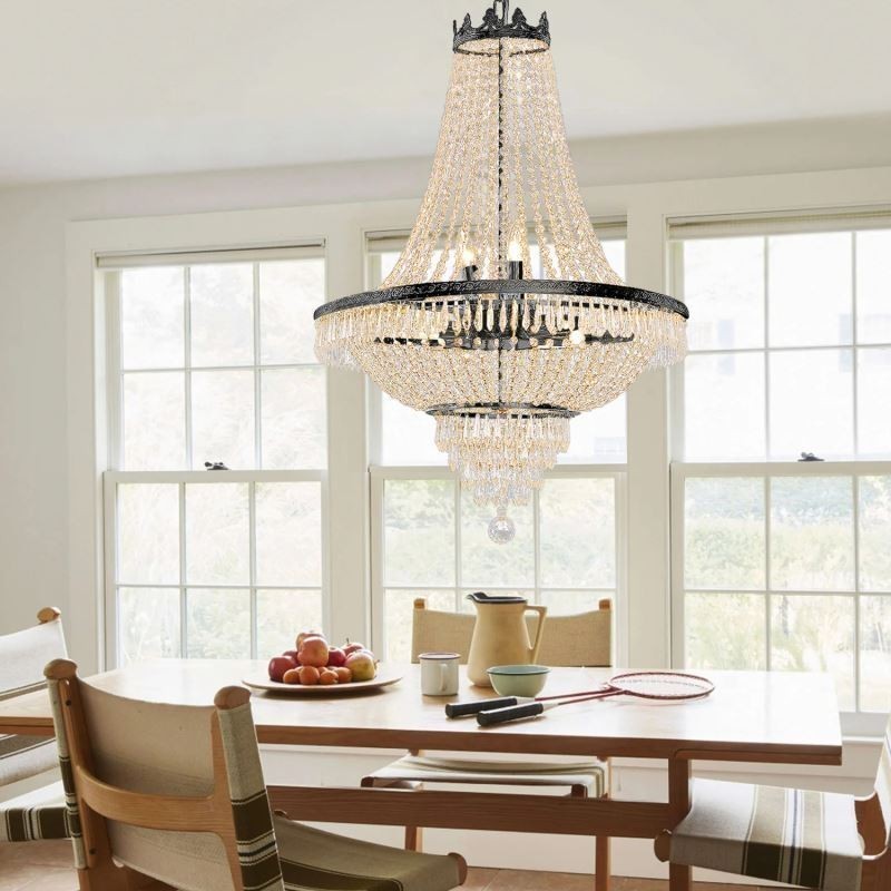 Lámpara colgante clásica de cristal estilo imperio, color negro, 9 luces